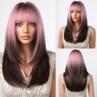 Ombre Pink Layered Straight Wigs with Bangs for Women Long Colorful Synthetic Hair Wigs Heat Resistant Fiber for Party Cosplay Wig  Hair Extensions Pa