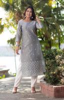 HERITAGE INDIA Steel grey cotton silk embroidered kurti (Soft muslin cotton inner attached)