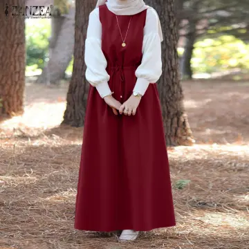 MOMONACO ZANZEA Muslimah Womens Muslim Strappy Button Up Solid Pinafore  Dress Ladies Long Maxi Dungaree Dresses