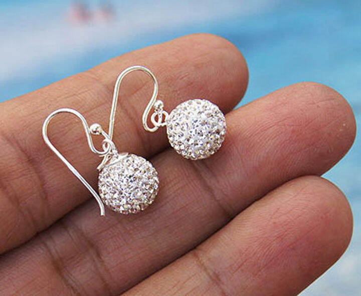 earrings-dangle-sterling-silver-beautiful-gift-ลูกกลมมีเพรชสวยงาม-ห้อยตำหูเงินสเตอรลิงซิลเวอรใช้สวยของฝากที่มีคุณค่า-ฺชาวต่างชาติชอบมาก