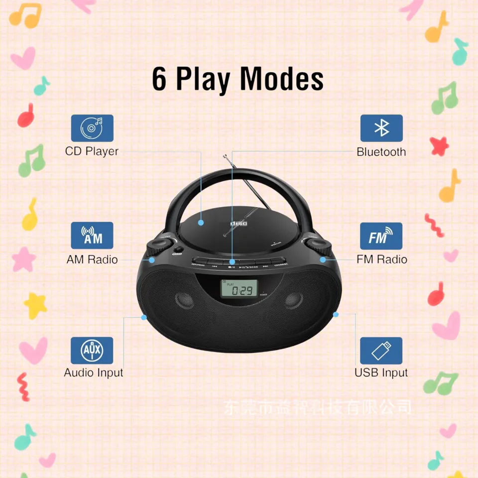 Gueray CD Player Portable Boombox with Bluetooth AM/FM Radio USB Port  Portable CD Player Stereo Sound Speaker MP3 Playback 3.5mm AUX Input  Headphone