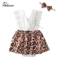 2021 Baby Summer Clothing Infant Newborn Baby Girls Leopard Bodysuits Dress Lace V Neck Jumpsuits With Headband