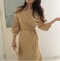 Summer Dress Women Cotton Linen OL Casual Girls Dresses Female Dress V neck black Plaid yellow dress Boho Robe Femme Vestido