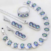 925 Silver Jewelry Sets Mystic Rainbow Stones White Cubic Zirconia For Women Fashion EarringPendantNecklaceceletRing Set