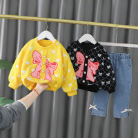 1-4 Years Spring Autumn Bowknot Pearl Baby Girls Clothing Set Long Sleeve top + jeans Denim Pants 2PCS Suit Kids Toddler Clothes