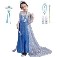 Princess Costumes For Girls Kids Halloween Party Fancy Gown Blue Sequin Long Sleeves Dress With Snowflake Tulle Cloak 2-10T