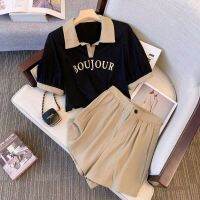 COD Fashionable Short-sleeved Suit Womens Summer New Korean-style Slimming Fashionable POLO Top Casual Shorts College-style Two-piece Suit