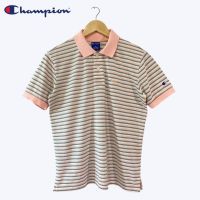 เสื้อโปโลคอปกผู้ชายแขนสั้น ลายทางสีชมพูพาสเทลตัดเทาขาว มือสอง แบรนด์ Champion