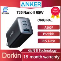 Anker 735 พาวเวอร์พอร์ต III 3 พอร์ต 65W Pod ที่ชาร์จ GaN II A2667 2 PD 1 USB USB-C Type-C สําหรับ iphone 12 12 Mini 12 Pro Max พิกเซล 4 3 Ipad รับประกัน 18 เดือน