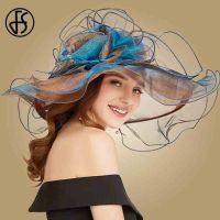 FS หมวก Kentucky Derby สีชมพูสำหรับผู้หญิงผ้าโปร่งบางหมวกกันแดดดอกไม้หรูหราปีกกว้างขนาดใหญ่งานแต่งงานโบสถ์ Fedoras