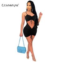 【CW】☈۩☽  V Neck Drawstring Ruched Sleeveless Hollow Out Bodycon Bandage 2021 Dresses