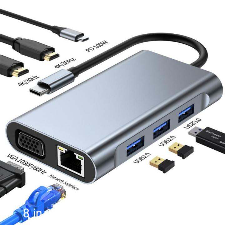 ryra-8-in-1แท่นวางมือถือ-usb-type-c-ฮับสำหรับดูอัลหัวแปลงสัญญาณ-hdmi-rj45-otg-vga-pd100w-usb-หลากหลาย-vga-usb-c-usb-3-0สำหรับแมคบุ๊กโปรแอร์-feona