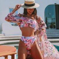 Sexy Ring High Waist Bikini Swimwear Women 2022 Print Pad Swimming Suit Halter Push Up Maillot De bain Femme Beach Cover Up