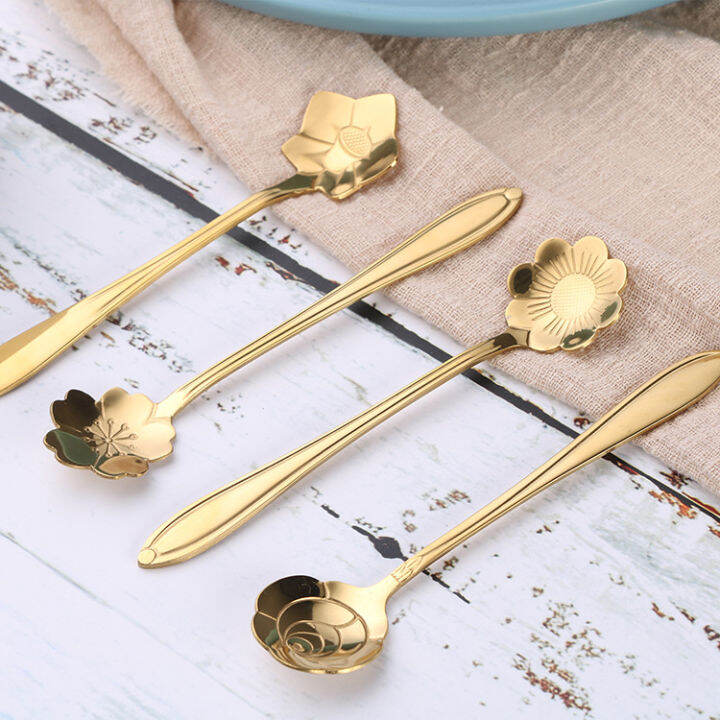 4pcs-cute-stainless-steel-flower-teaspoon-dessert-coffee-spoon-golden-sakura-rose-spoon