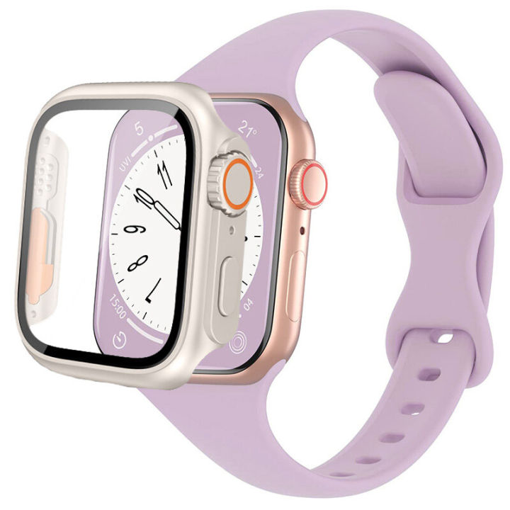 สายซิลิโคนบางพื้นฐาน-แก้ว-สายเคสสำหรับ-apple-watch-44mm-40mm-45-41ยางสปอร์ตบางสร้อยข้อมือรูปโบว์-i-watch-series-4-5-6-se-7-8