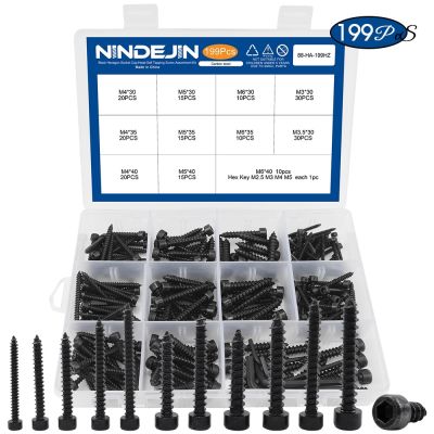 NINDEJIN ซ็อกเก็ตหมวกหัวตนเองแตะสกรูชุด199/353ชิ้น M3 M4 M5 M6คาร์บอนเหล็กซ็อกเก็ตหัวหกเหลี่ยมไม้โลหะพลาสติกสกรู