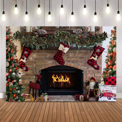 Christmas Fireplace Holiday Party Banner Decoration Fire Red Sock Pine Tree Party Background Props Gift Box Dessert Table Banner