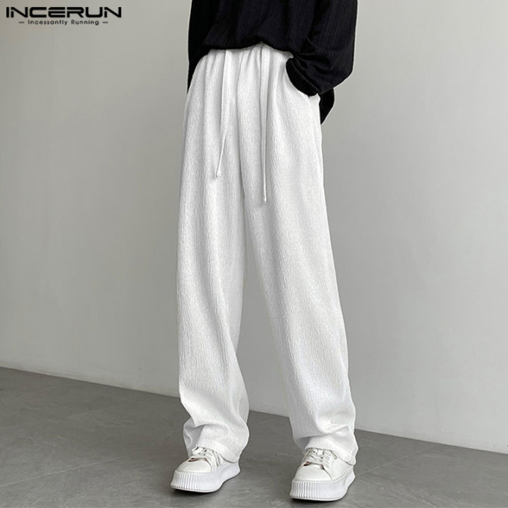incerun-กางเกงผู้ชายระดับเอวแบบยางยืดตรงเรียบ-กางเกงทอลายแต่งระบายลำลอง-สไตล์เกาหลี