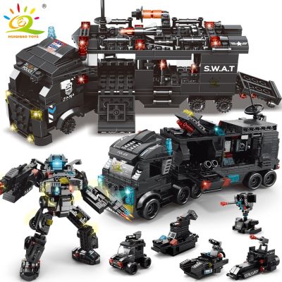 HUIQIBAO 454-585PCS 8in1 SWAT Police Command Truck Building Blocks City Helicopter Bricks Kit Educational Toys for Children