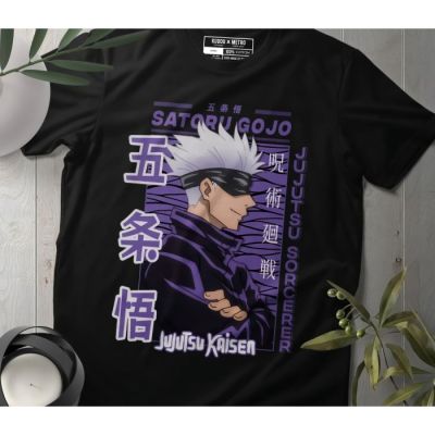 เสื้อยืดผ้าฝ้ายพรีเมี่ยม เสื้อยืด พิมพ์ลายอนิเมะ Gojo Satoru Portrait Jujutsu Kaisen สีดํา