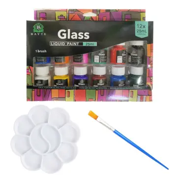12 24 Colors Stain Glass Paint Set with 6 Nylon Brushes, 1 Palette,  Waterproof Acrylic Enamel