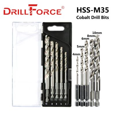 Drillforce 5ชิ้น4/5/6/8/10มิลลิเมตรโคบอลต์เจาะบิตไฮสปีดบิด M35สว่านสำหรับสแตนเลสเจาะชุดด่วนเปลี่ยน Hex S Hank