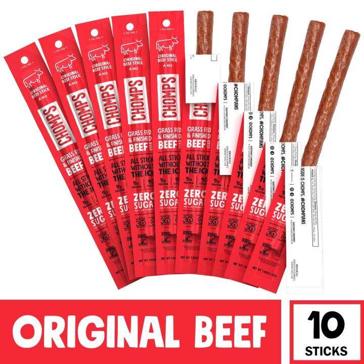CHOMPS Grass Fed Beef Jerky Meat Snack Sticks, Keto, Whole30 Approved