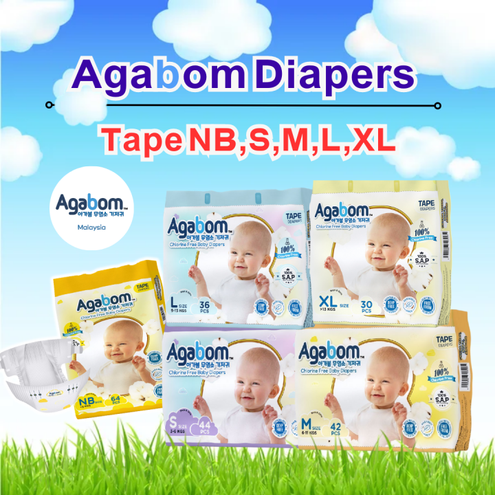 Agabom Baby Tape Diapers NB/S/M/L/XL Ultra Thin Diapers Chlorinefree Diapers Extra Long