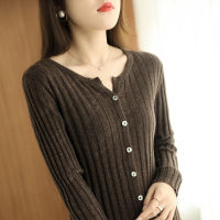 Autumn and winter new style knitted cardigan womens round neck strip long sleeve buckle coat slim Fashion Top