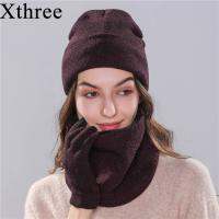 {Warm scarf}Xthree 2019ฤดูหนาวหมวกผ้าพันคอถุงมือชุดสำหรับสาวผู้หญิง39; S ถักหมวก Bonnet Skullies Beanies หมวกราคาถูก