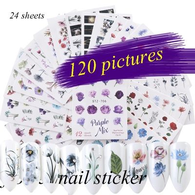 【YP】 24sheets/120 Pictures Watercolor Floral Sticker Decals Set Designs Gel Manicure Slider