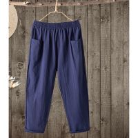 【มีไซส์ใหญ่】Plus Size M-4XL Womens Solid Color Full Cotton Spring Summer Pants Elastic Waist Cal Slim Ankle Pants with Pockets