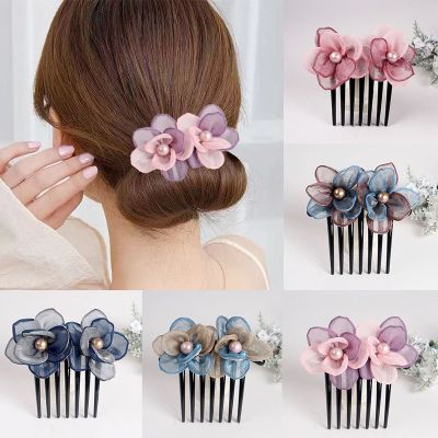 Silk yarn pearl hair comb Adult Lady Rose comb hair ornament seven tooth coiled hair headdress