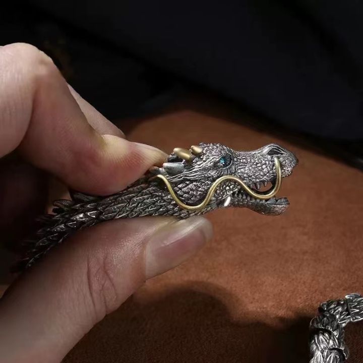plun-กำไลข้อมือเงินรูปงู-925ทำด้วยมือสามมิติแฟชั่นย้อนยุคมังกรสร้อยข้อมือมังกรของขวัญสำหรับผู้ชาย