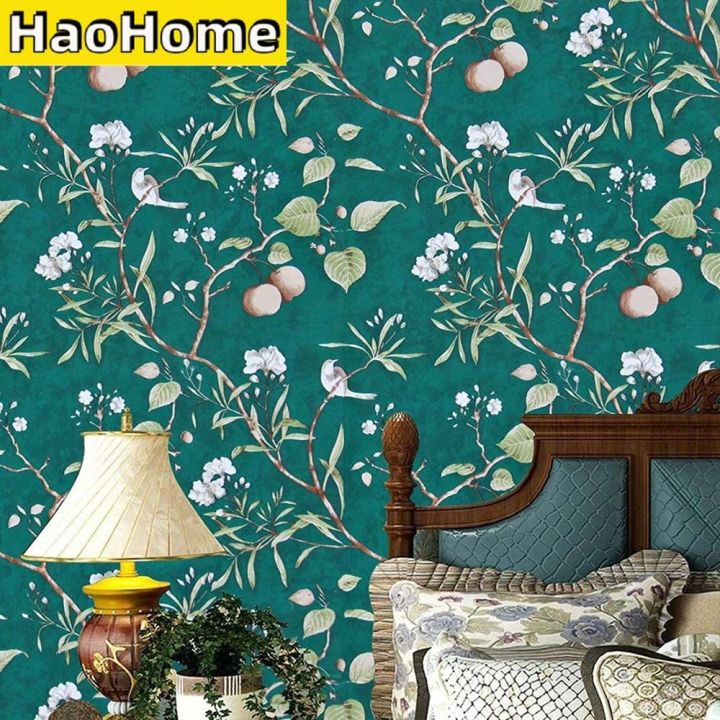 haohome-peach-tree-peel-and-stick-wallpaper-green-wallpaper-modern-flower-amp-bird-waterproof-removable-self-adhesive-wallpaper