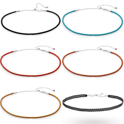 New 925 Sterling Silver Necklace Woven Fabric Choker Adjust Sliding Leather Necklace For women Popular Bead Charm DIY Jewelry