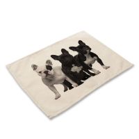 1Pcs French Bulldog Dog Pattern Placemat โต๊ะรับประทานอาหารผ้าฝ้ายลินินเครื่องดื่ม Coaster Cup Mat อุปกรณ์ครัว