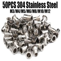 50PCS Stainless Steel Rivets Nuts Insert Flat Head Threaded Nut Riveter Riveting Nut Gun Tools Rustproof M3/M4/M5/M6/M8/M10/M12 Nails Screws Fasteners