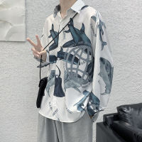 Early Autumn Ice Silk Long Sleeve Shirt Mens Shark Full Print Design Feels Loose, Tidal, Handsome Lined Clothes Jacket