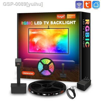 ☼Yuihu แถบไฟหลังทีวี RGB RGB Controle De Aplicativos Com Câmera Sinronização Música หลากสี Wi-Fi 55-65 Polegadas