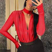 Womens summer new spice long-sleeved v-neck fold render unlined upper garment stitching jumpsuits