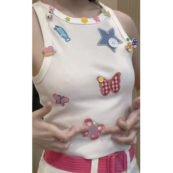 huilun-เสื้อกล้ามเอวลอยคอกลมแขนกุดเสื้อพิมพ์ลายผีเสื้อ-y2k-ฤดูร้อน