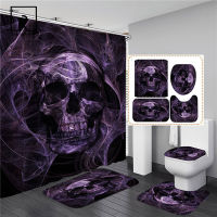 Black Skull Skeleton Printed Shower Curtain Set Horrible Halloween Festival Bathroom Decor Pedestal Rug Lid Car Toilet Cover