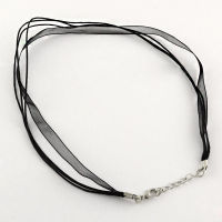 10pc Jewelry Making Necklace Cord Organza Ribbon &amp; Waxed Cotton Cord &amp; Platinum Plated Iron Clasp Black 16.9 inch(43cm) 6mm