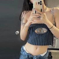 Tide Brand Lady Long Sleeves/Vest 2023 Summer Hollow LOGO Hardware Buckle Printing Knitted Tube Top Hot Girl Slim Blouse