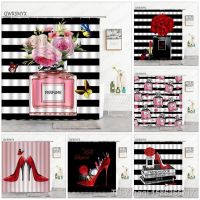 QSR STORE Sexy Red Lips Girl Creative Shower Curtains Cosmetics High-Heeled Pattern Fashion Waterproof Bath Curtain Girls Room Decor Gifts