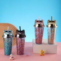 14oz Transparent Lid Sequin Milk Layer Plastic Double