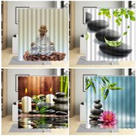 Zen Shower Curtain Green Plants Bamboo Leaves Pebbles Buddha Flower Pattern Bathroom Decor Polyester Cloth Hanging Curtains Set