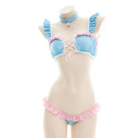 Sexy Cute Anime Cosplay Halloween Costumes for Women Girls Lolita Fairy Bikini Bra and Panty Set Underwear Neck Ring Blue Pink