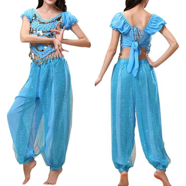 ชุดเต้นระบำหน้าท้องสำหรับผู้หญิง-ชุดท็อปส์ซูเลื่อมกับกางเกงทรงฮาเร็มเสื้อครอปกางเกงฮาเร็มสไตล์อาหรับชุดเต้นรำฮาโลวีน-swr-033